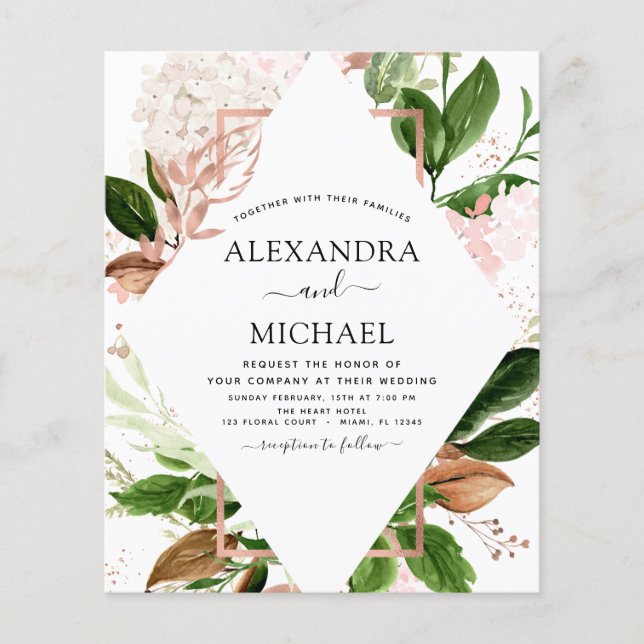 Budget Rose Gold Greenery Wedding Invitations Flyer (Front)