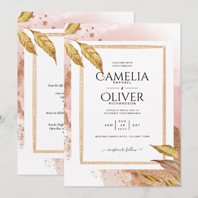 BUDGET Rose Gold Leaves Wedding Invite QR Code (Front/Back)
