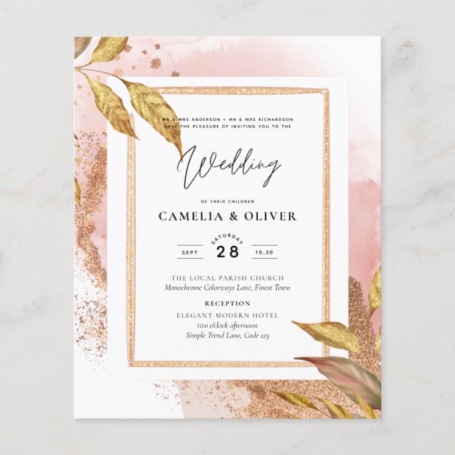 BUDGET Rose Gold Leaves Wedding Invite QR Code Flyer (Front)