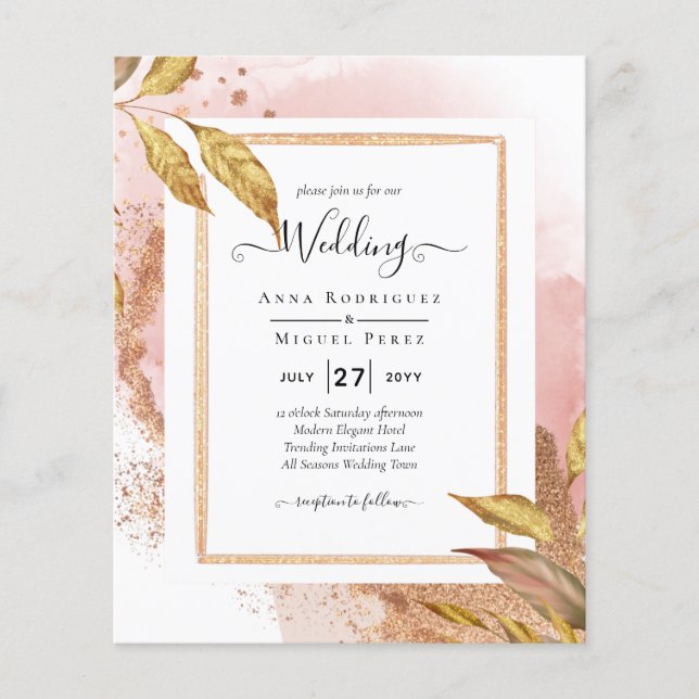 BUDGET Rose Gold Leaves Wedding Invite QR Code Flyer (Front)