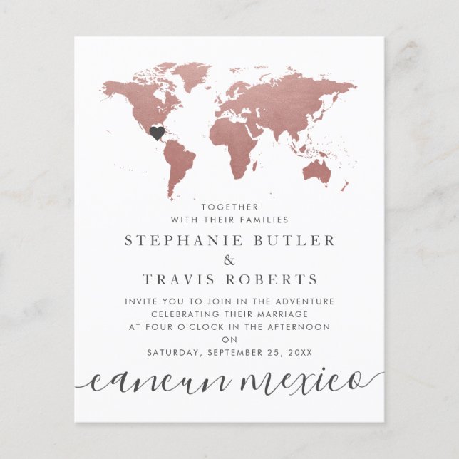 Budget Rose Gold Pink Map Destination Wedding (Front)