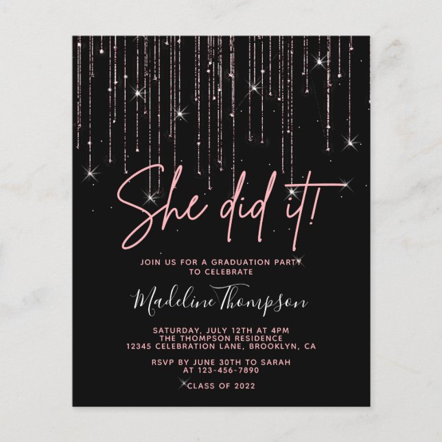  Budget Rose Gold She did it Graduation Invitation (Front)