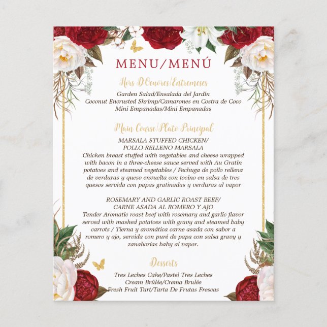 Budget Rouge Floral Bilingue Quinceañera Menu (Devant)