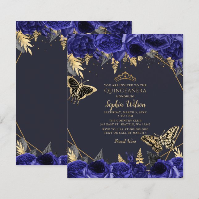 Budget Royal Blue Butterfly Quinceañera Invitation (Front/Back)