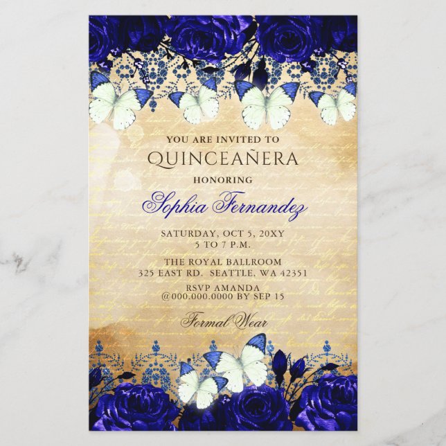 Budget Royal Blue Butterfly Quinceañera Invitation (Front)