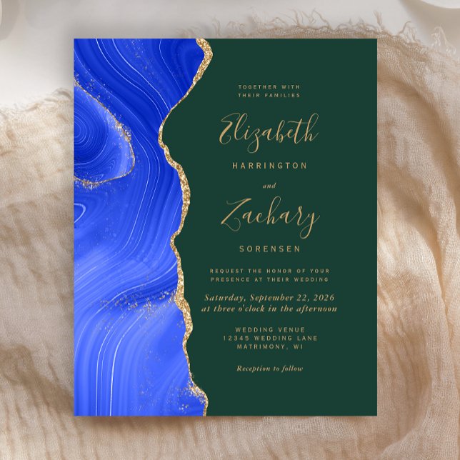 Budget Royal Blue Gold Agate Green Wedding Invite (Creator Uploaded)