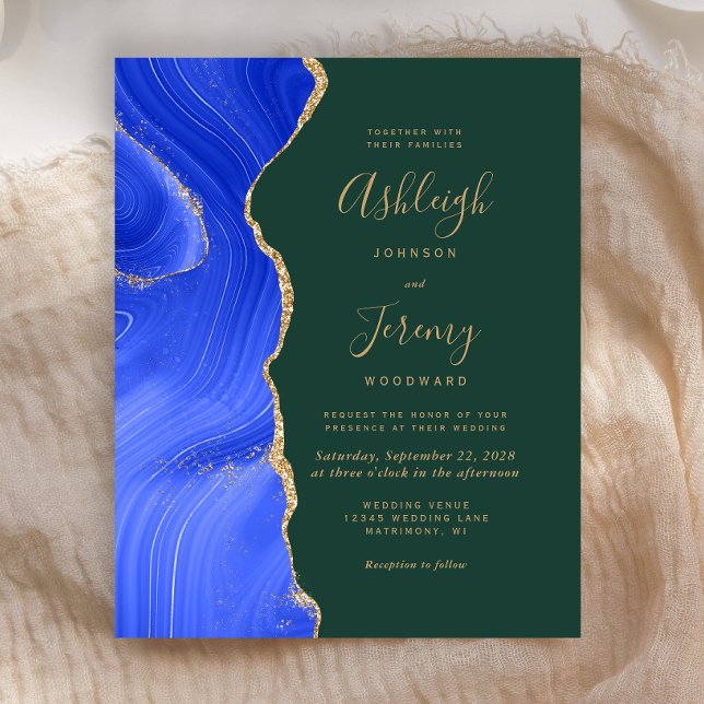 Budget Royal Blue Gold Agate Green Wedding Invite (Creator Uploaded)