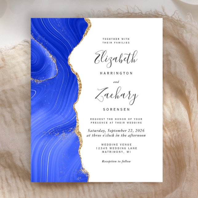 Budget Royal Blue Gold Agate Wedding Invitation (Creator Uploaded)