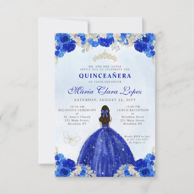 Budget Royal Blue Gold Floral Princess Quinceañera Card (Front)