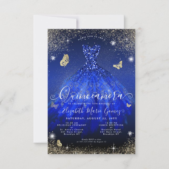 Budget Royal Blue Gold Glitter Gown Quinceanera Card (Front)