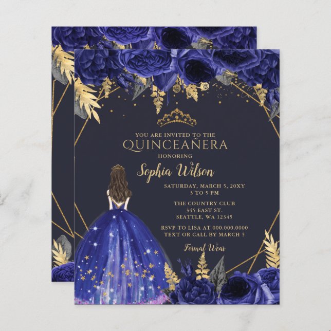 Budget Royal Blue Princess Quinceañera Invitation (Front/Back)