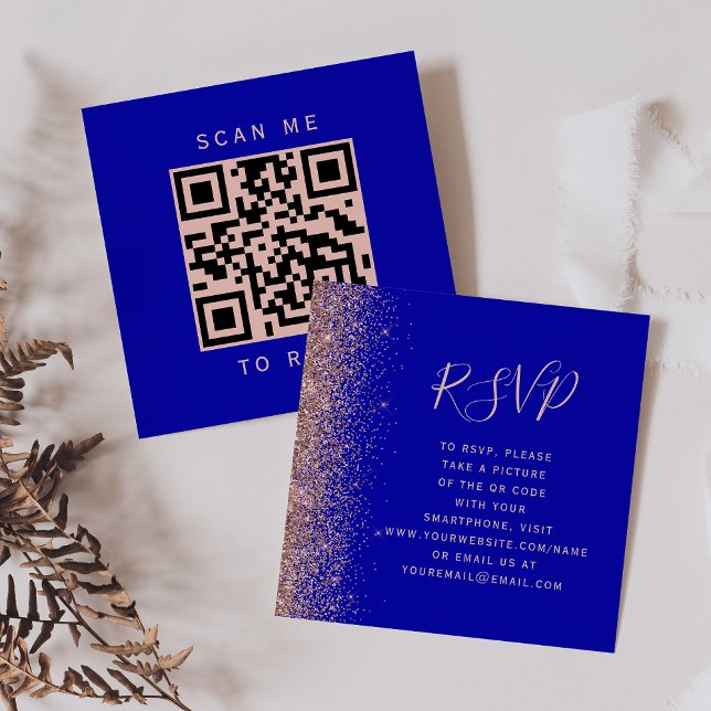 Budget Royal Blue Rose Gold Wedding QR Code RSVP Enclosure Card (Creator Uploaded)