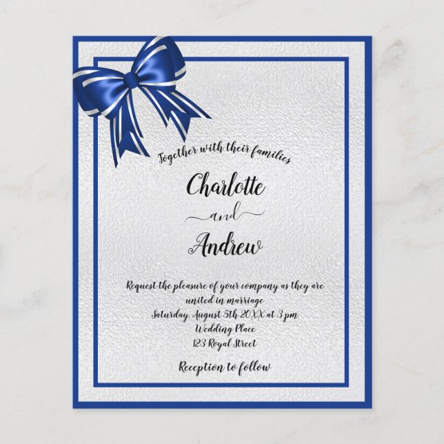 Budget royal blue silver bow wedding invitation (Front)
