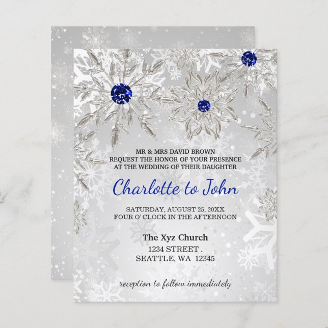 Budget Royal Blue Snowflakes Wedding invitation (Front/Back)