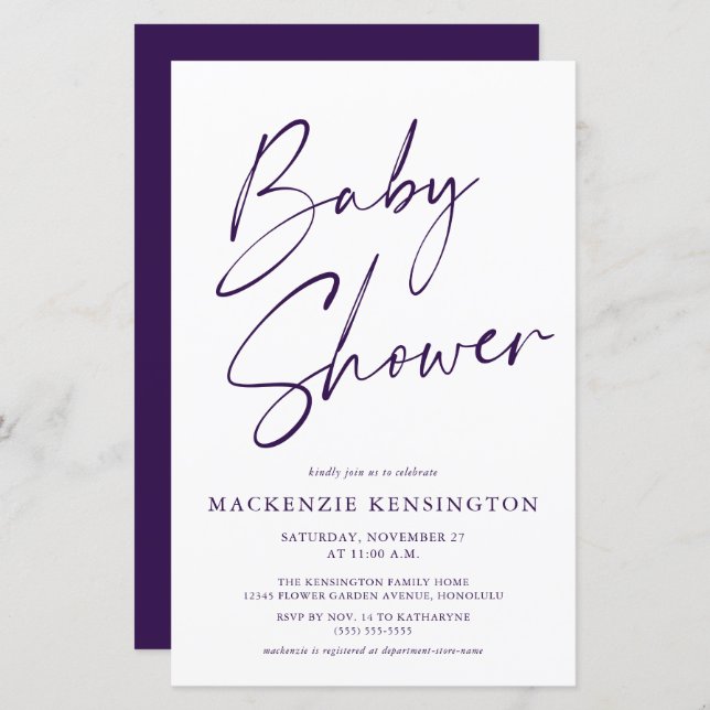 Budget Royal Purple Simple Script Baby Shower (Front/Back)