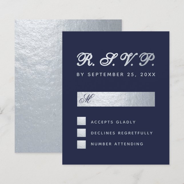 Budget RSVP Navy Blue Silver Script Wedding Card (Front/Back)