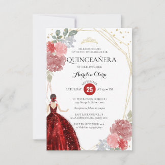 Budget Ruby Red Floral Geometric Quinceañera Card