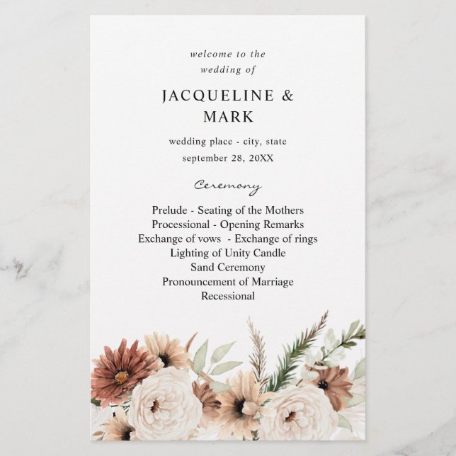 Budget Rus Neutral Boho Floral Wedding Ceremony M Flyer (Front)