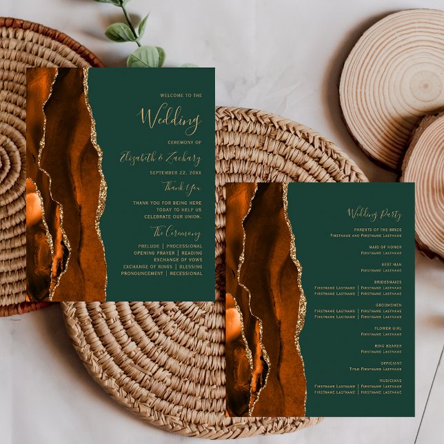 Budget Rust Agate Dark Green Wedding Program (Creator Uploaded)