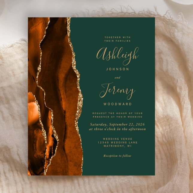 Budget Rust Dark Green Agate Wedding Invitation (Creator Uploaded)