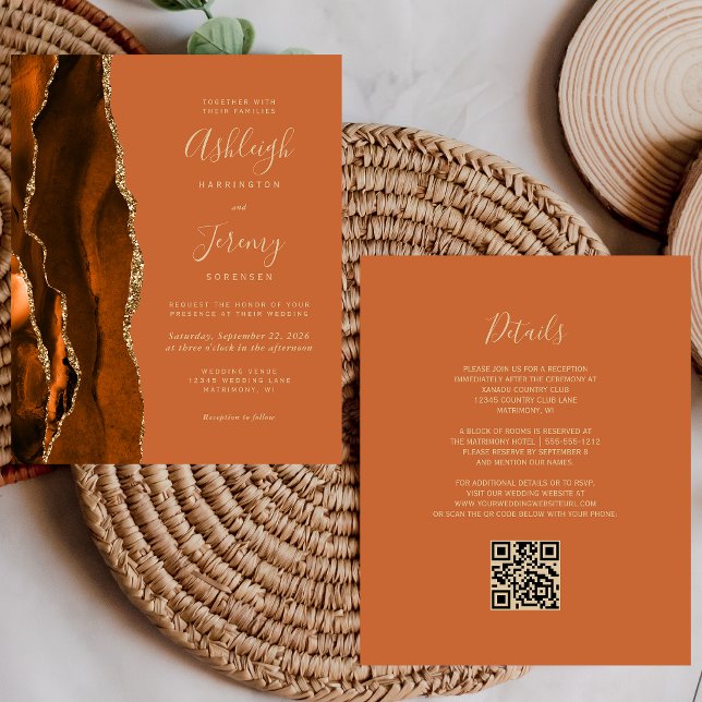 Budget Rust Gold Agate QR Code Wedding Invite (Creator Uploaded)