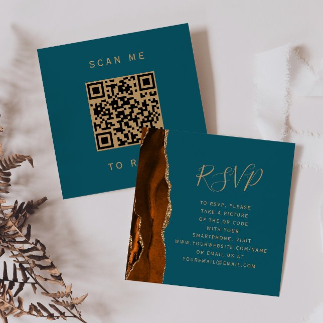Budget Rust Gold Agate Teal Wedding QR Code RSVP Enclosure Card (Creator Uploaded)