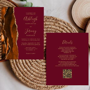 Budget Rust Gold Burgundy QR Code Wedding Invite
