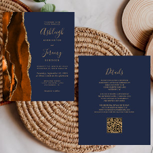 Budget Rust Gold Navy Blue QR Code Wedding Invite