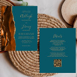 Budget Rust Gold Teal QR Code Wedding Invitation<br><div class="desc">Save the cost of printing and mailing separate RSVP cards with this elegant modern all-in-one budget wedding invitation. The left-hand edge features a burnt orange and rust watercolor agate border trimmed with gold faux glitter. The customizable text combines gold-coloured handwriting, copperplate and italic fonts on a teal blue background. The...</div>