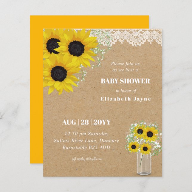 BUDGET Rustic Baby Shower Sunflowers Invite (Front/Back)