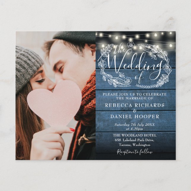 Budget Rustic Blue Wood Photo Wedding Invite (Front)