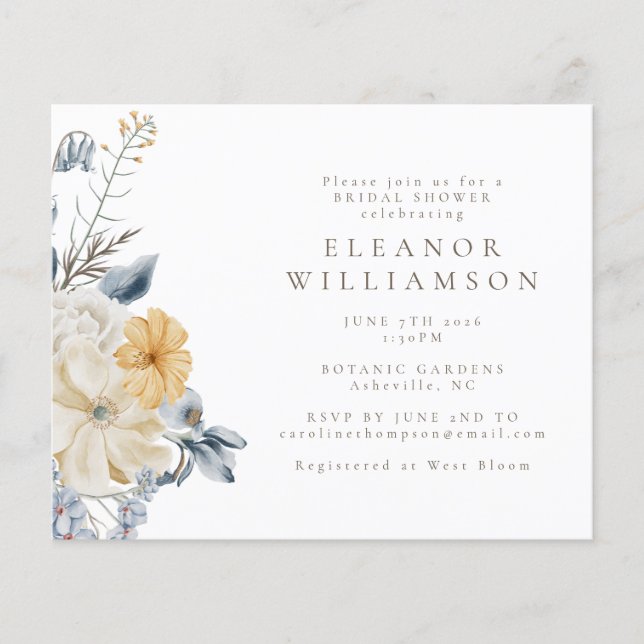 Budget Rustic Blue Yellow Floral Bridal Shower (Front)