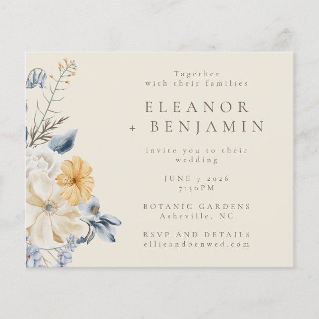 Budget Rustic Blue Yellow Floral Wedding Invite (Front)