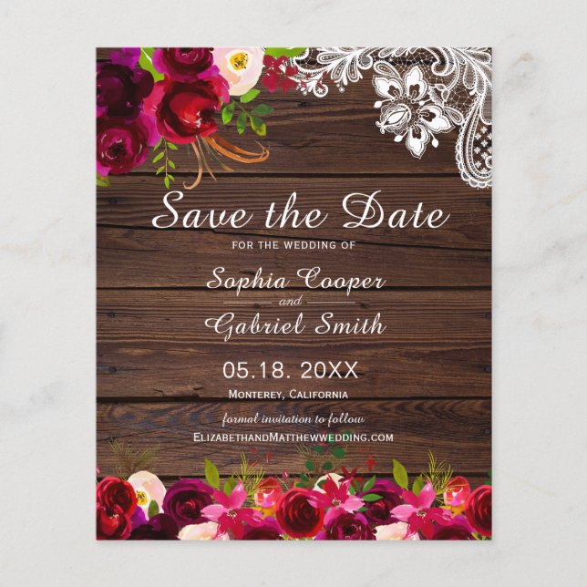 Budget Rustic Burgundy Floral Wood Save The Date  Flyer (Front)