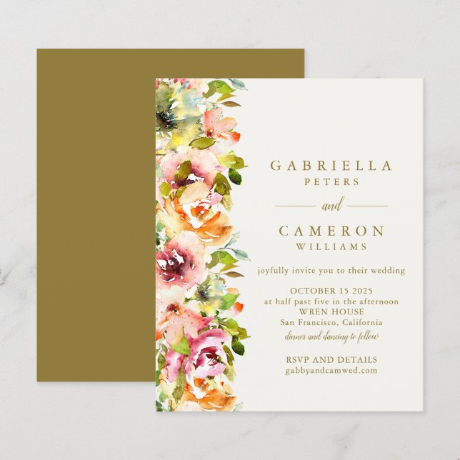 Budget Rustic Burgundy Gold Floral Wedding Invite (Front/Back)