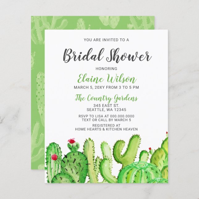 Budget Rustic Cactus Bridal Shower Invitation (Front/Back)