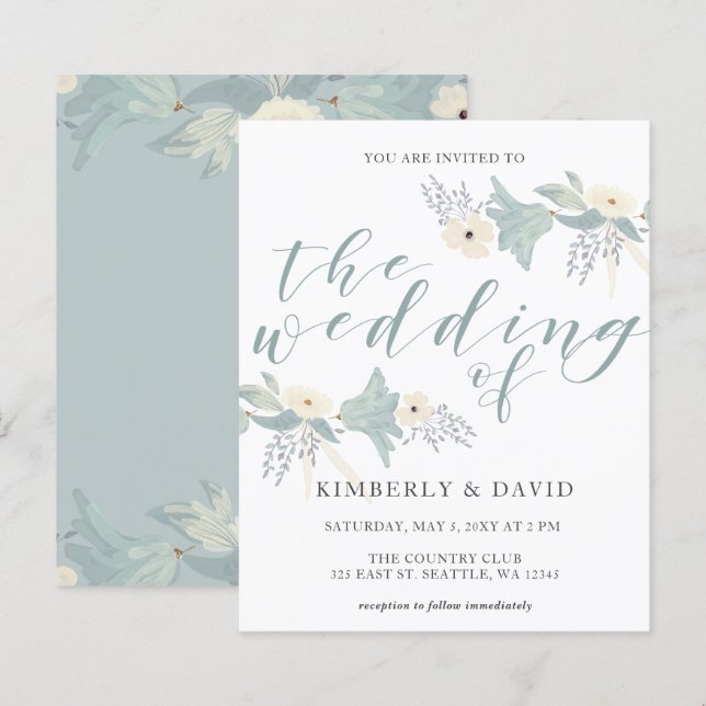 Budget Rustic Dusty Blue Floral Wedding Invitation (Front/Back)