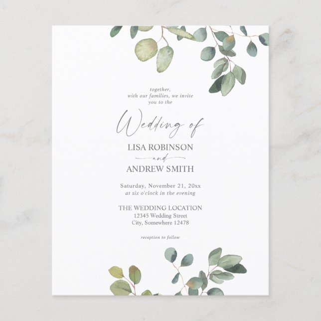 Budget Rustic Eucalyptus Duo Greenery Wedding Flyer (Front)
