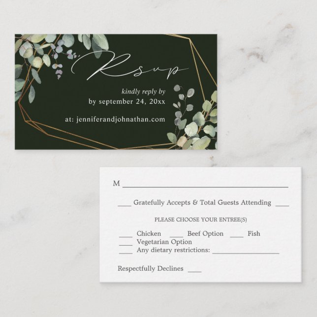 Budget Rustic Eucalyptus &Gold 2SM Meal RSVP Green Enclosure Card (Front/Back)