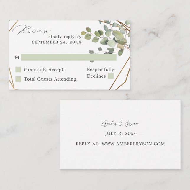 Budget Rustic Eucalyptus & Gold SM No Meal RSVP V2 Enclosure Card (Front/Back)
