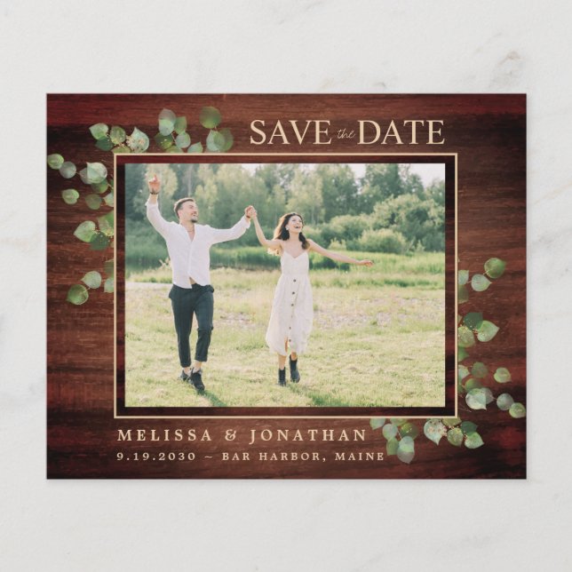 Budget Rustic Eucalyptus Photo Save The Date (Front)