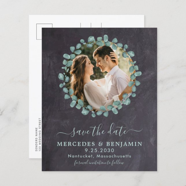 Budget Rustic Eucalyptus Photo Save The Date Card (Front/Back)