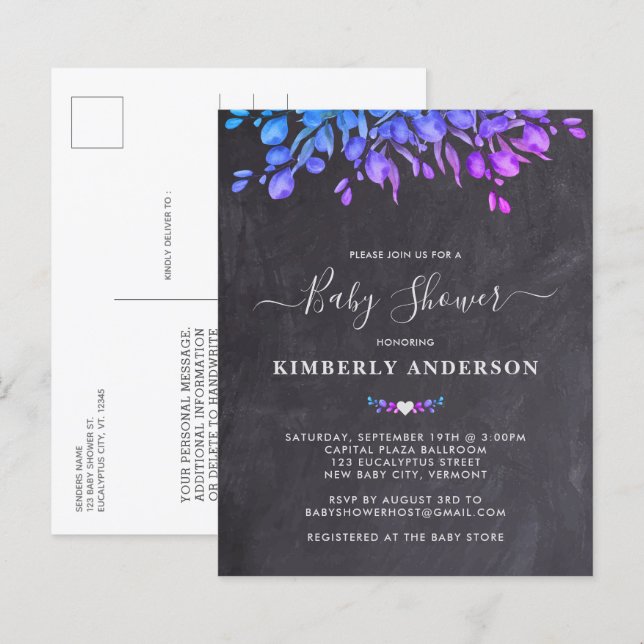 Budget Rustic Eucalyptus Purple Baby Shower Invite (Front/Back)