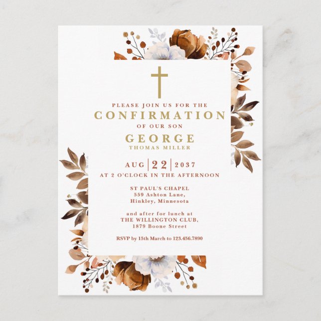 Budget Rustic Fall Botanical Confirmation Invite Postcard (Front)