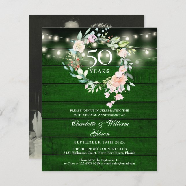 Budget Rustic Floral 50th Anniversary Photo Invite (Front/Back)