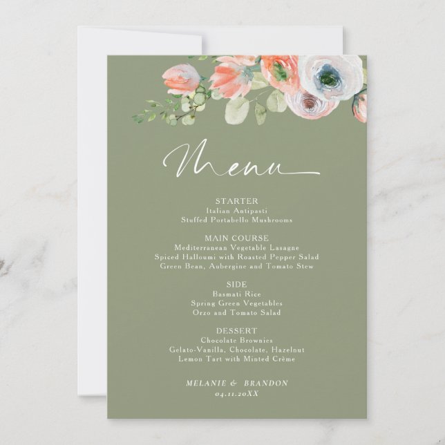 Budget Rustic Floral Sage Green Wedding Menu Card (Front)