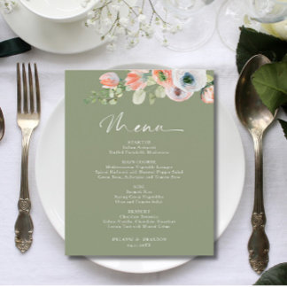 Budget Rustic Floral Sage Vert Mariage Menu