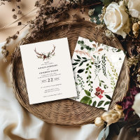 budget Rustic floral stag antlers wedding invite