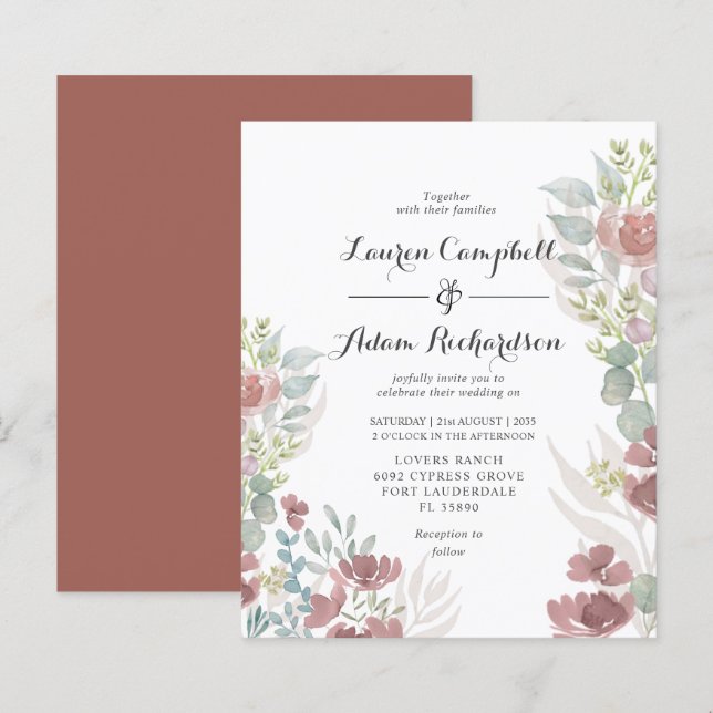 Budget Rustic floral Terracotta Wedding Invitation (Front/Back)
