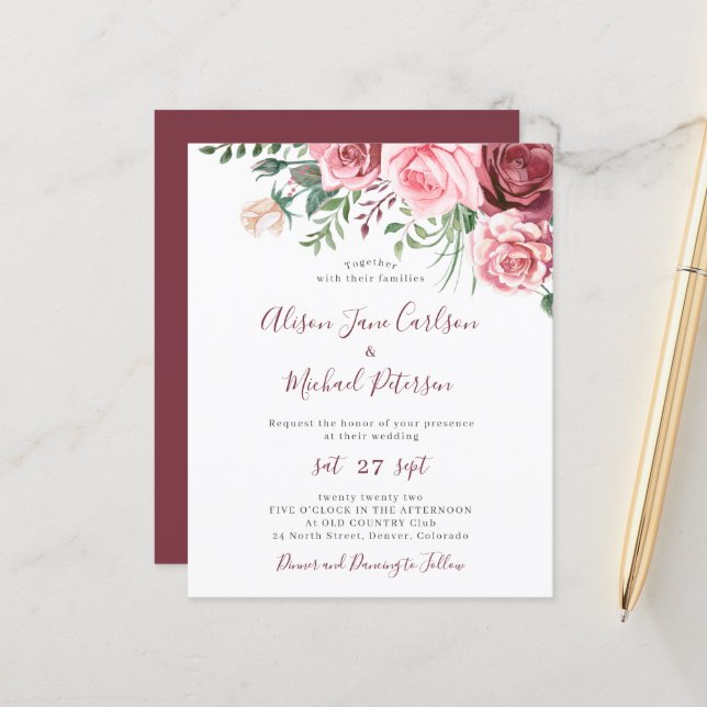 Budget rustic floral watercolor wedding invitation (Front/Back In Situ)